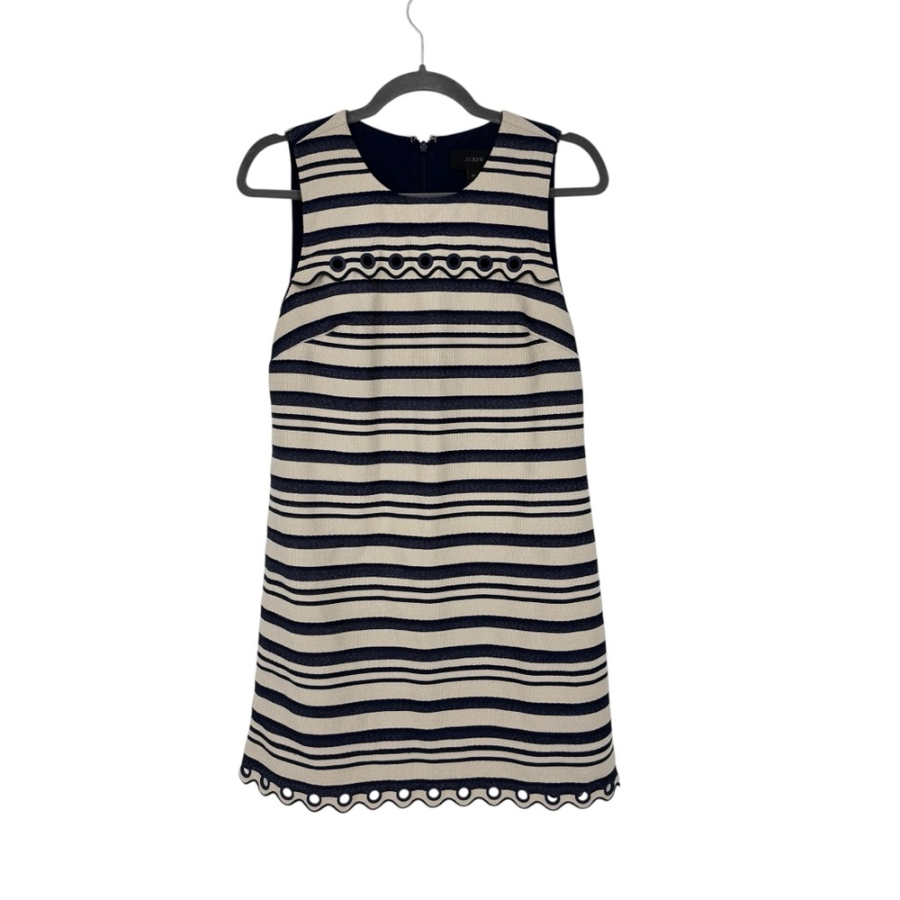 Women’s J Crew Size 8 Petite Blue/Cream Scalloped Shift Lined Sleeveless Dress